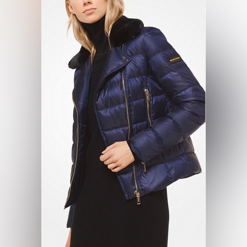 MICHAEL Michael Kors Dark Blue Puffer Jacket with Gold Zippers